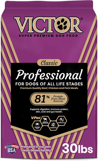 VICTOR Super Premium Dog Food – Professional Dry Dog Food – Super Premium Kibble with 26% Protein – Gluten-Free with Beef, Chicken & Pork Meals – for High Energy and Active Dogs & Puppies, 30lbs