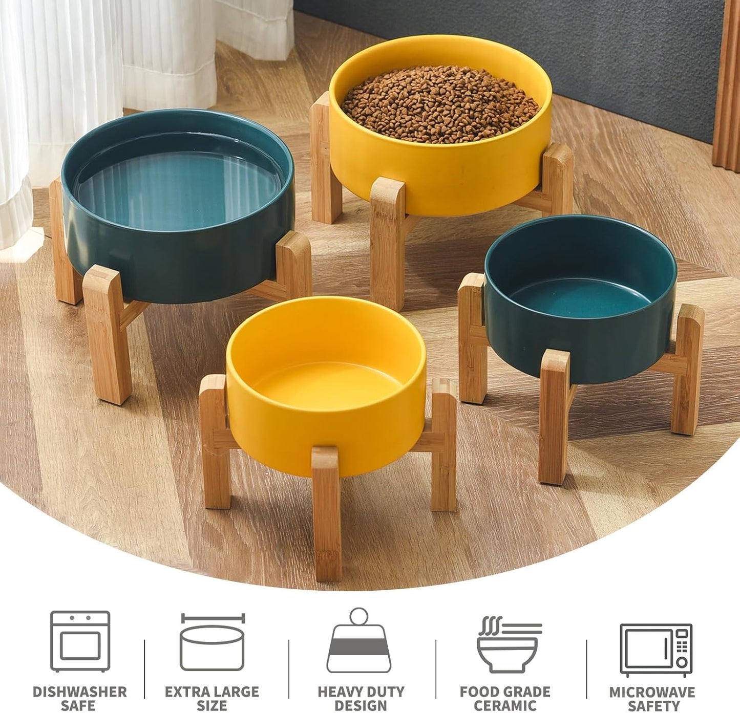6'' Ceramic Raised Dog Bowl - 30Oz Dog Food & Water Bowl with Elevated Non-Slip Bamboo Stand, Dishwasher & Microwave Safe, Anti Vomiting Heavy Duty Pet Bowl for Small and Medium Dogs, Yellow