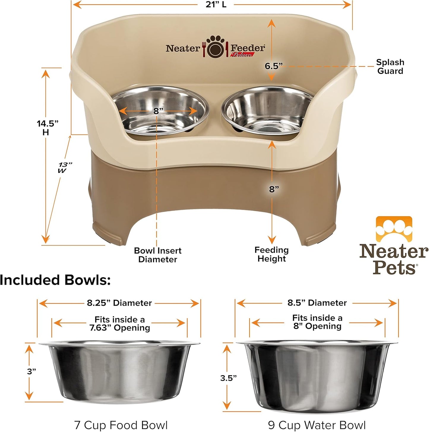 Neater Pet Brands Neater Feeder Deluxe Mess Proof Dog Bowls Elevated for Large Dogs Over 40 lbs, Made in USA, No Spill Raised Dog Food Bowl Stand Feeding Station, Food and Water Bowl Set, Cappuccino
