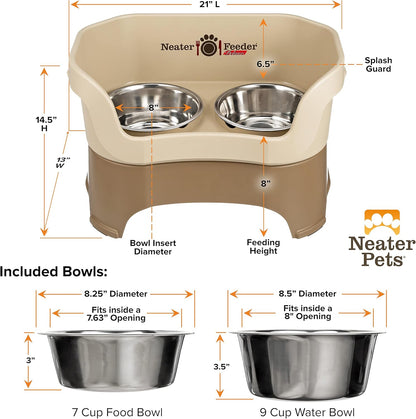 Neater Pet Brands Neater Feeder Deluxe Mess Proof Dog Bowls Elevated for Large Dogs Over 40 lbs, Made in USA, No Spill Raised Dog Food Bowl Stand Feeding Station, Food and Water Bowl Set, Cappuccino