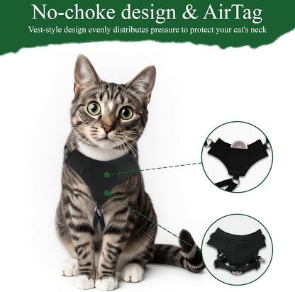 A1HC Escape Proof Cat Harness and Leash - Soft Adjustable Vest, Comfortable Mesh and Long Strips with Air Tag Pocket, Easy Control, Safe Walking Harness for Cats & Kittens - Black (Large)
