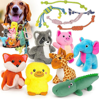 Jalousie Multipack Dog Squeaky Toys Bulk Bundle Pup Toy - Puppy Toys for Pets for Small Medium Breed (12 Pack Rope and Plush Animals)