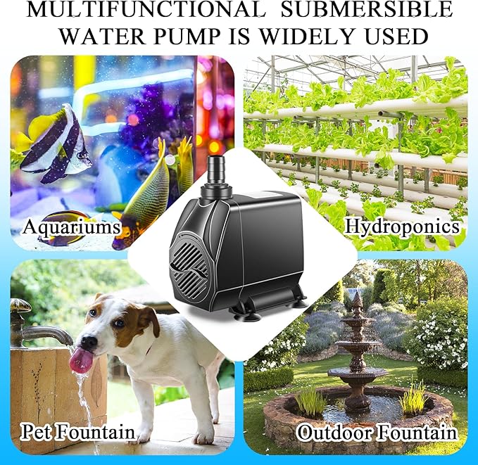 Submersible Pump, Small Fountain Pump with Tubing, Submersible Water Pump for Aquarium Fish Tank Indoor or Outdoor Pond Fountain Hydroponics Statuary (80W 1700GPH, No Led Light)