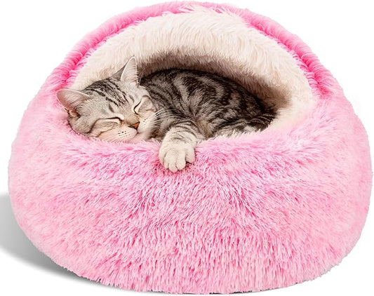 Calming Dog Beds & Cat Cave Bed with Hooded Cover,Removable Washable Round Beds for Small Medium Pets,Anti-Slip Faux Fur Fluffy Coved Bed for Improved Sleep,Fits up to 15/25 lbs(Pink,S)