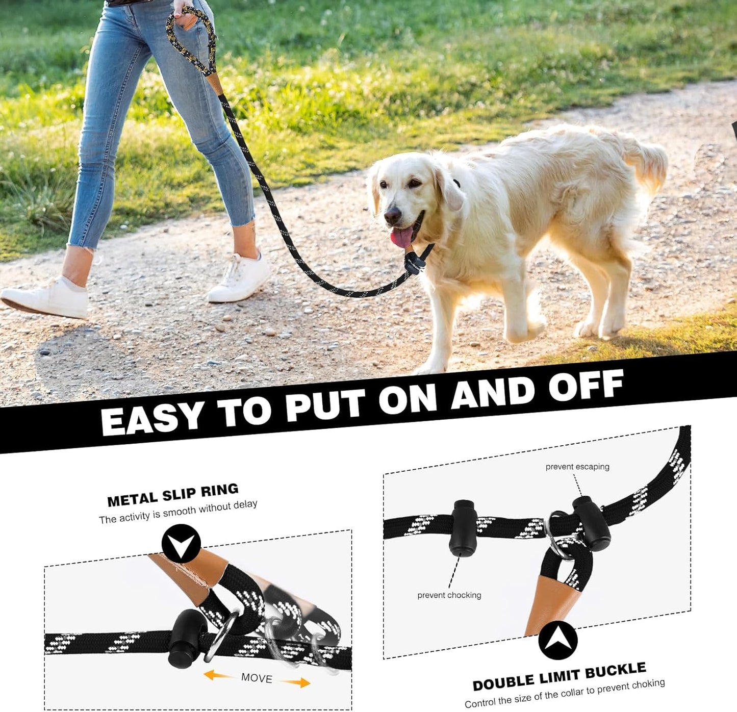 lynxking Slip Lead Dog Leash Reflective, Heavy Duty Comfortable Strong Rope for Large Medium Small Dogs No Pull Pet Training (Black, Large 1/2in x 6ft-Slip Lead)