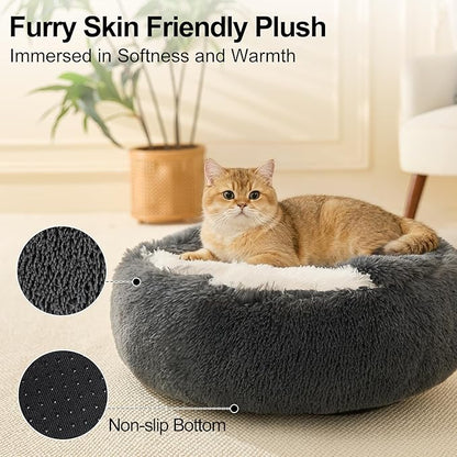 Calming Dog Beds & Cat Cave Bed with Hooded Cover,Removable Washable Round Beds for Small Medium Pets,Anti-Slip Faux Fur Fluffy Coved Bed for Improved Sleep,Fits up to 15/25 lbs(Dark Grey,20"x20")