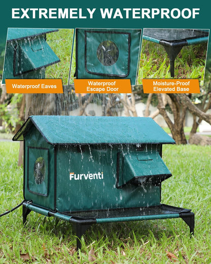 Heated Cat House for Outside,More Platform Space,Extremely Weatherproof & Insulated in Winter,Elevated Outdoor Cat Shelter with Eaves & Escape Door for Barn Feral Stray Cat(Dark Green,Large)