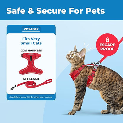Voyager Escape Proof Cat Harness and Leash Set with Reflective Stitching, Neoprene Handle 5ft - Supports Small, Medium and Large Cats, Kittens for Walking by Best Pet Supplies - Red, XXS