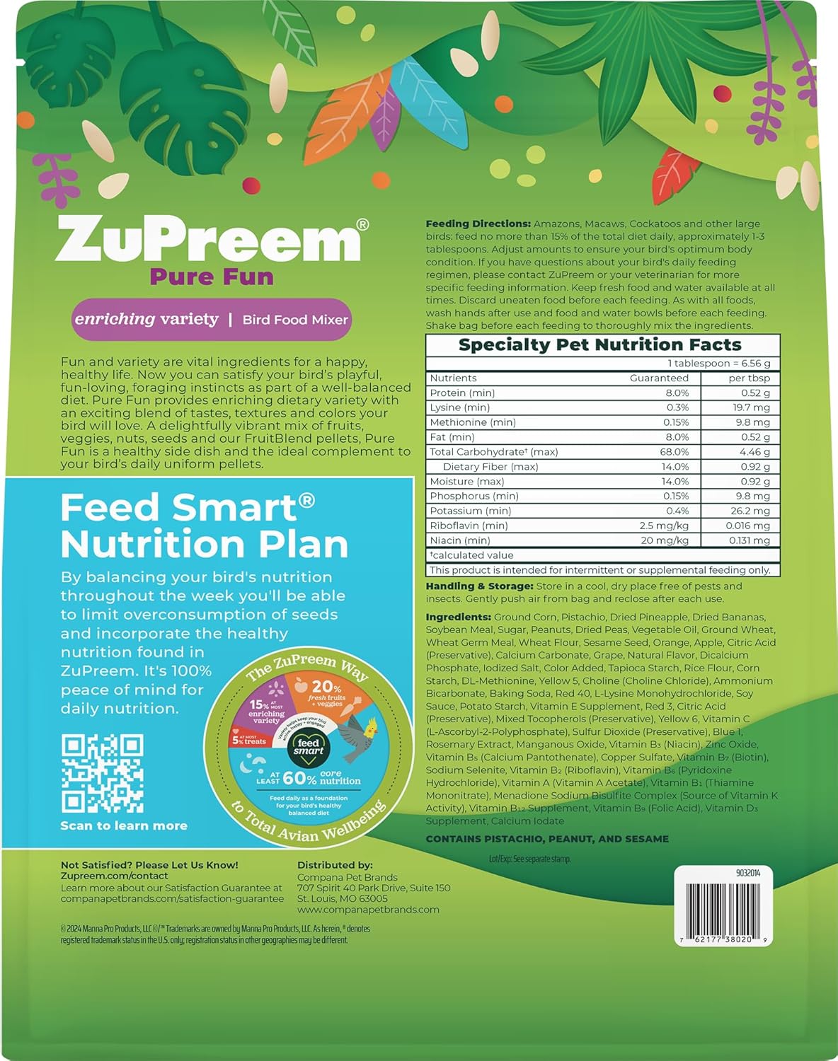 ZuPreem Pure Fun Bird Food for Large Birds, 2 lb (Pack of 2) - Variety Blend of Fruit, FruitBlend Pellets, Vegetables, Nuts for Amazons, Macaws, Cockatoos
