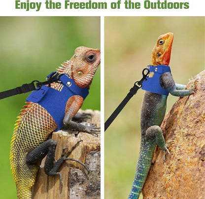 Bearded Dragon Harness Leash Set 3 Size Adjustable Lizards Training Walking Leather Vest Escape-Proof Traction Rope for Outdoor Small Reptiles Animal Squirrels (Blue)