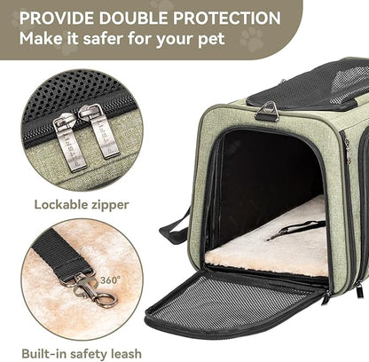 Petsfit Expandable Cat Dog Carrier Airline Approved, 17" L x 11" W x 11" H Soft-Sided Portable Pet Travel Carrier for Kitten, Puppy, Removable Soft Plush Mat and Pockets, Auto-Locking Zippers