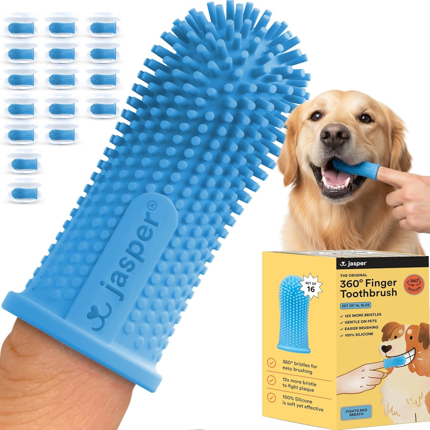 Jasper Dog Toothbrush, 360 Degree Pet Tooth Brushing Kit, Cat Toothbrush, Canine Dental Care & Teeth Cleaning Kit, Pet Finger Tooth Brush, Use with Dog Toothpaste, 16-Pack Blue