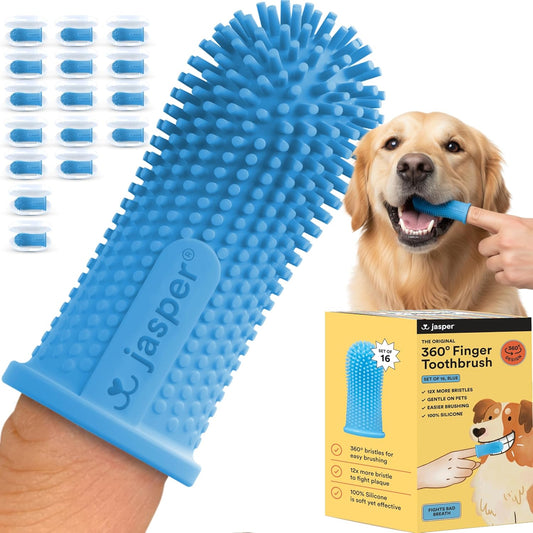 Jasper Dog Toothbrush, 360 Degree Pet Tooth Brushing Kit, Cat Toothbrush, Canine Dental Care & Teeth Cleaning Kit, Pet Finger Tooth Brush, Use with Dog Toothpaste, 16-Pack Blue