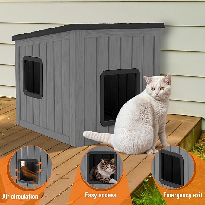 KAMABOKO Outdoor Cat House, Outside Multiple Kitty Feral Cat Houses, Weatherproof Shelter for Ferrel Cats and Dogs, Durable PP Material, Sloping Roof (Gray & Black)