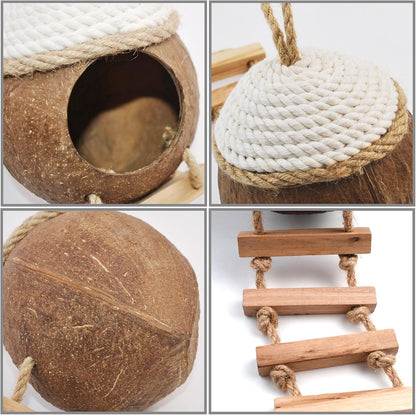 Leopard Gecko Coconut Hut with Ladder,Grested Gecko Coco Den Lizards Hanging Coconut Shell Hideout Cave Reptiles Tank Accessories Climbing Hanging Plants Jungle Vine Flexible Leaves Decor