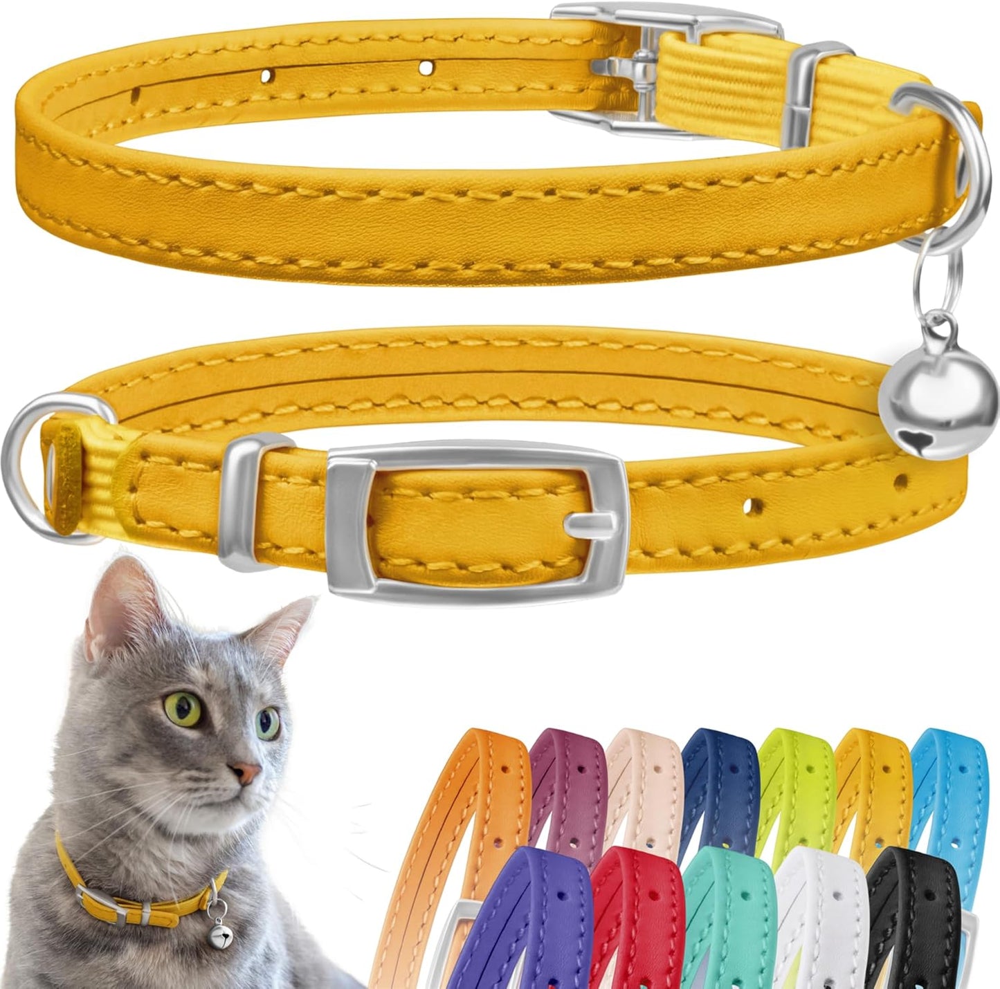 CollarDirect Leather Cat Collar with Removable Bell – Safety Kitten Collar with Elastic Strap (Yellow, 15 - 18 cm)