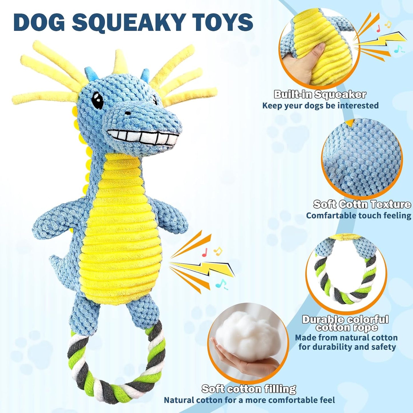 Squeaky Dog Toys for Large Dogs- Tough Squeaky Dog Toys to Keep Them Busy- Durable Plush Stuffed Chew Toy for Boredom, Tug of-War, for Small Medium Large Dogs (Blue)