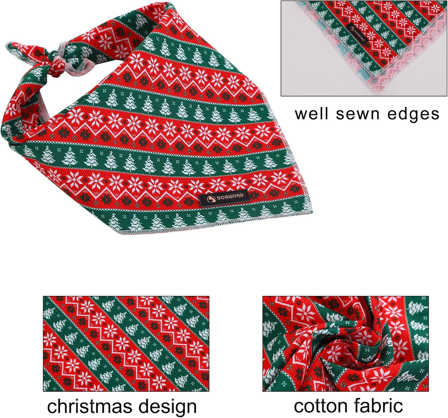 DOGWONG Christmas Dog Bandana, Cotton Washable Soft Dog Scarf Red Green Strip Christmas Tree Dog Bib Scarf Boy Girl Bandana Square Adjustable Dog Bandanas for Small Medium Large Dogs