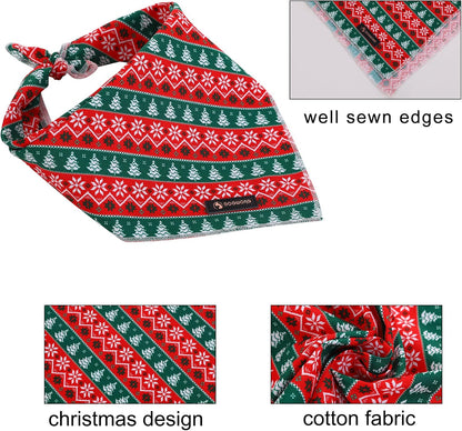DOGWONG Christmas Dog Bandana, Cotton Washable Soft Dog Scarf Red Green Strip Christmas Tree Dog Bib Scarf Boy Girl Bandana Square Adjustable Dog Bandanas for Small Medium Large Dogs