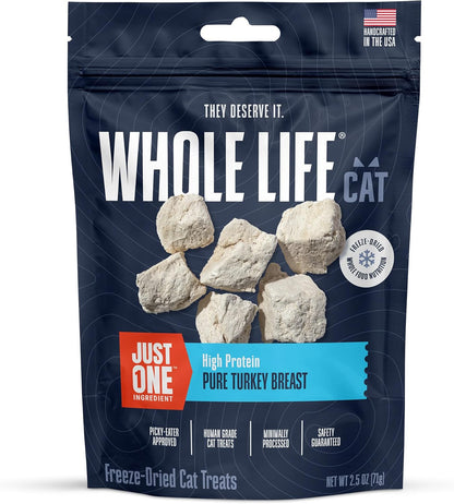 Whole Life Cat Just One Turkey Freeze Dried Cat Treats - Human Grade High Protein Food, Healthy Training Snacks, Freeze Dried Turkey Food Toppers, USA Made Natural Treats - 2.5 oz (Pack of 1)