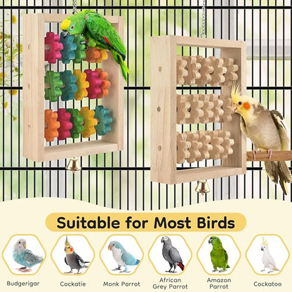 2Pcs Bird Toys, Hanging Parrot Chew Toy, Natural Wooden Chewing Puzzle Training Blocks Intellectual Development for Budgie, Conure, Lovebird, Cockatoo, African Grey, Amazon Parrots, Macaw