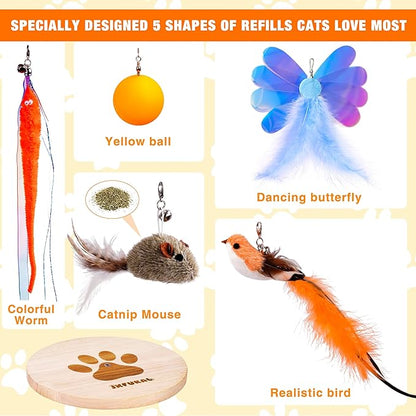 JXFUKAL Interactive cat Toy, Automatic Cat Wand Toy with Stable Wooden Base, 2 PCS Detachable Cat Teaser, 5PCS Refills Replacement & Hanging Cat Toy, Kitty Kitten Toys Cat Feather Spring String Toy