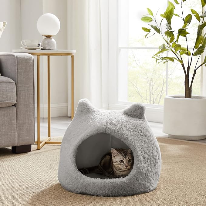 Best Friends by Sheri Meow Hut in Fur Cover Dome Cat and Dog Bed, Gray, Small (Pack of 2)