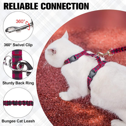 BEAUTYZOO Cat Harness and Leash Set Escape Proof for Walking, Kitten Soft Adjustable Vest Harnesses for Small Medium Large Cats, Easy Control Breathable Plaid Ribbon Nylon for Outdoor Indoor Use
