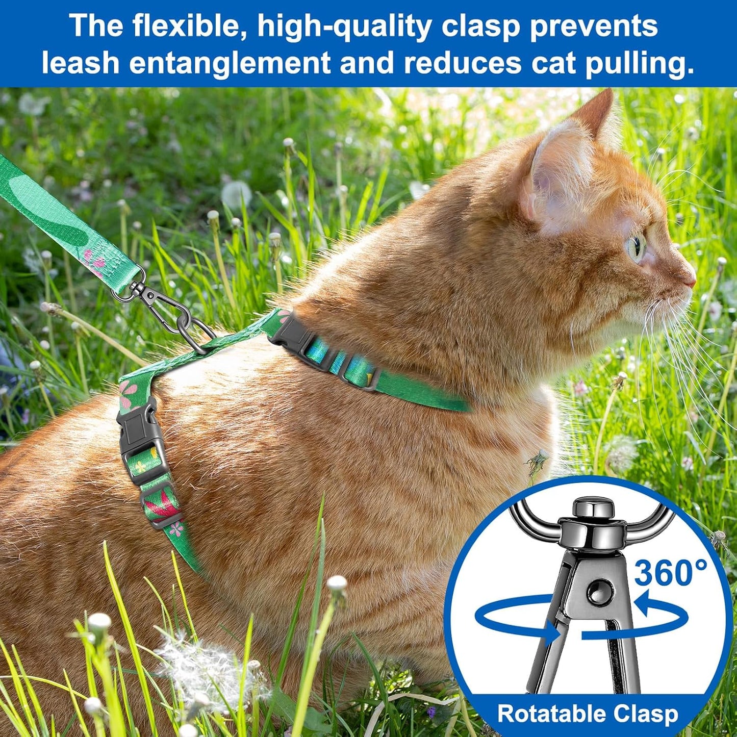 Cat Harness and Leash Set with Matching Collar – Escape Proof Harness for Cats, Adjustable & Lightweight, Tropical Hawaiian Leaf Print, Easy Wear for Outdoor Walking & Training