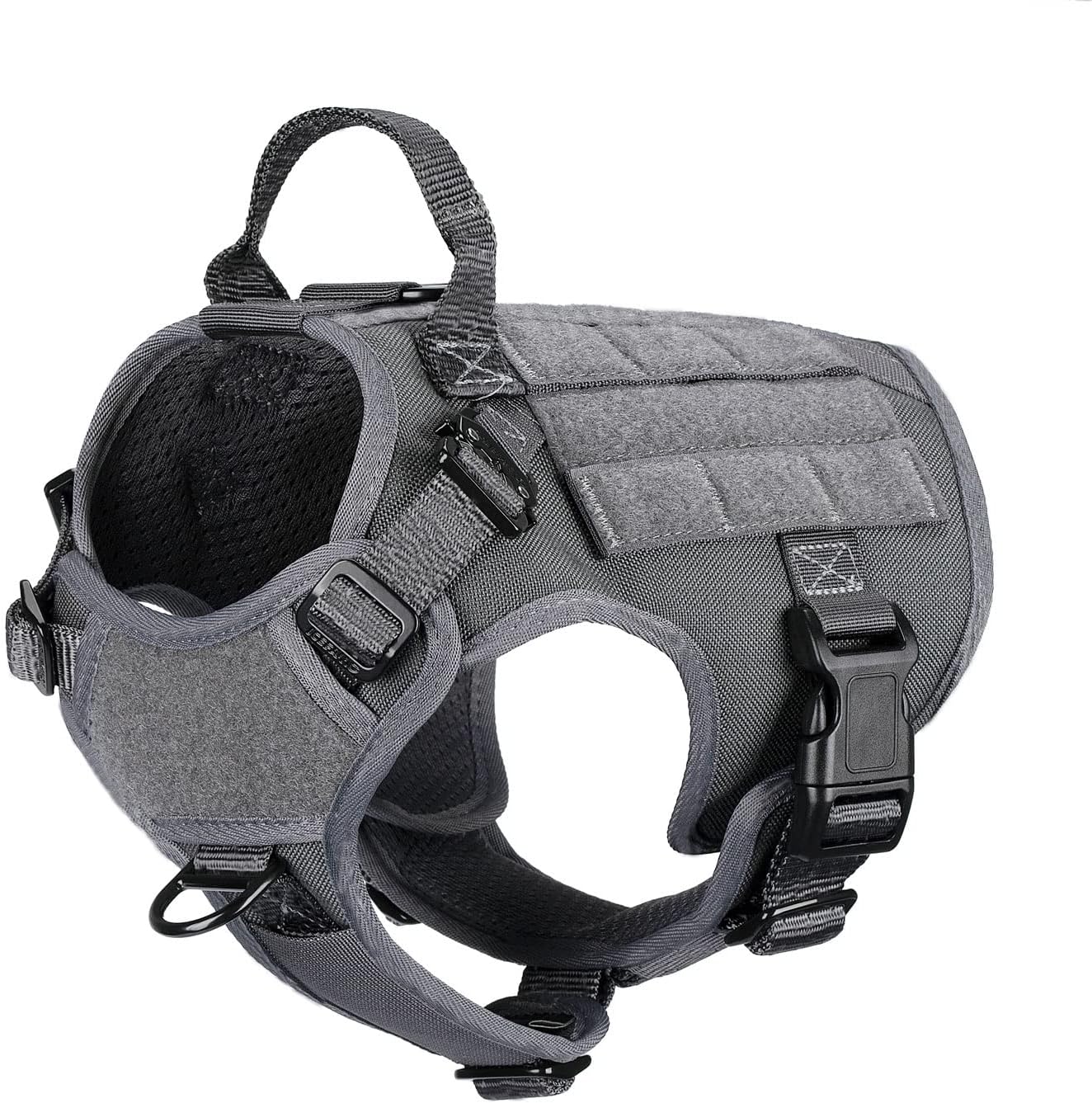 ICEFANG Tactical Dog Harness, Small Size,2X Metal Buckle,Working Dog MOLLE Vest with Handle,No Pulling Front Leash Clip,Hook and Loop Panel (Grey,S (Pack of 1))