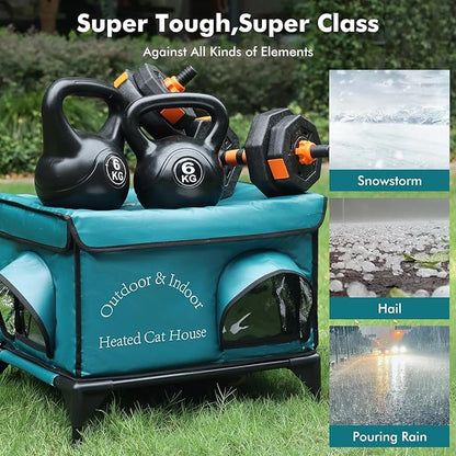 Heated Cat House for Outside Cat in Winter, Insulated Outdoor Feral Cat Shelter with Cat Heating Pad, 2 Doors,Elevated Waterproof Heated Kitty House (Blue, 21.5"x16.5"x18")