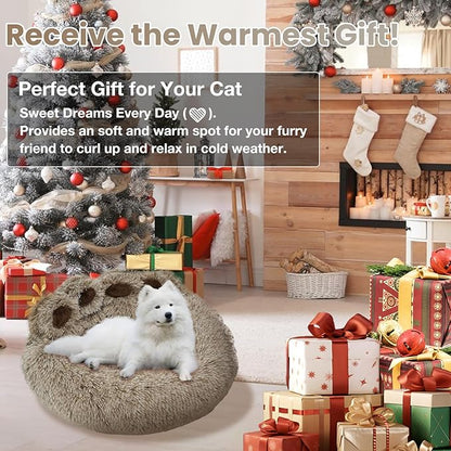 Calming Dog Bed Cat Bed Medium Size Dog - Donut Washable Medium Pet Bed, Warm Kitten Nest 24 inches Anti-Slip Round Fluffy Plush Faux Fur Cat Bed, Fits up to 25 lbs Pets, (Premium Brown)