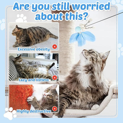 Interactive Cat Toys - 4-in-1 Cat Teaser Wand Toy and Feather Toys Refills for Indoor Cats to Chase and Exercise Design for Large and Small Cats