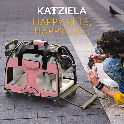 Katziela Pet Carrier - Airline Compliant Dog Carrier - TSA Approved Pet Carrier for Small Dogs and Cats - Soft FAA Travel Airplane Dog Carrier Luggage (Pink/White-6 Wheels)
