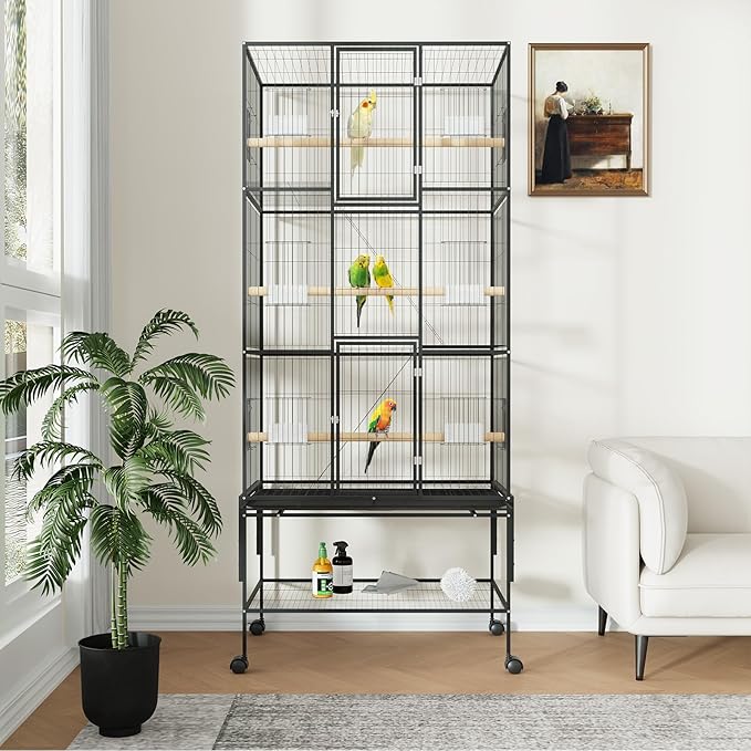 69 Inch Extra Large Bird Cage Wrought Iron Parrot Cage with Storage Shelf for Mid-Sized Parrots Cockatiels Conures Parakeets Lovebirds Budgie Finch