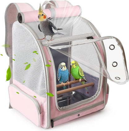 Parrot Carrier Backpack with Front Zipper Opening, Bird Travel Carrier Cage with Standing Perches and Metal Tray, Breathable Portable Transport Bag for Parakeet, Budgie, Conure, Cockatiel, Parrot