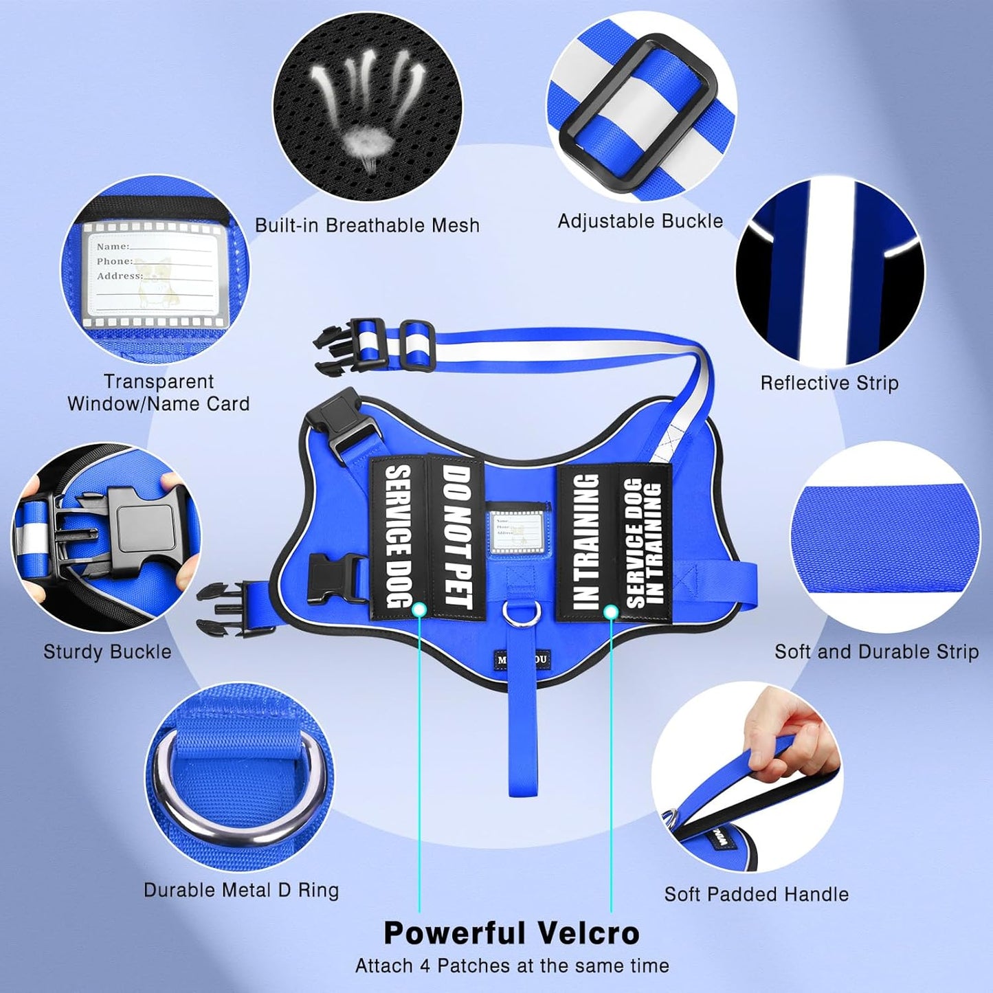 Service Dog Vest Harness and Leash Set+10 Patches,No Pull&Easy Walk Reflective Dog Harness with Soft Padded Handle for Training/Everyday,Fit Small/Medium/Large/Extra-Large Dogs (Blue S)