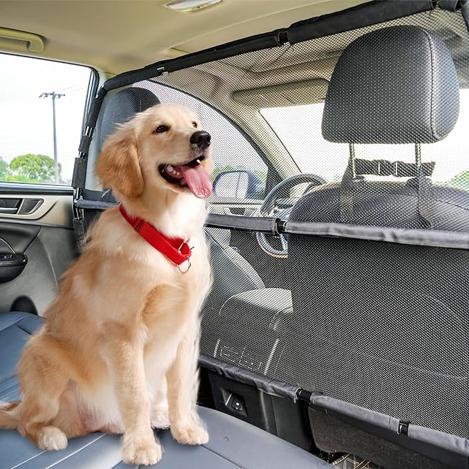 Dog Car Barrier Escape-Proof, 56" Wide Divider for 2nd 3rd Row Seats & Cargo Area, Durable Back Seat Gate Trunk Barrier with See Through Net Mesh for Trucks, Large SUV & Full Sized Vehicles