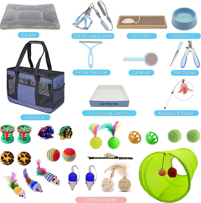 39PCS Kitten Starter Kit, Ideal for Cats Under 6 Months, Cat Supplies, Featuring 23-Piece Toy Set, Bed, Carrier, Single-use Litter Box, Bowls & More, Perfect for New Cat Owners - Blue