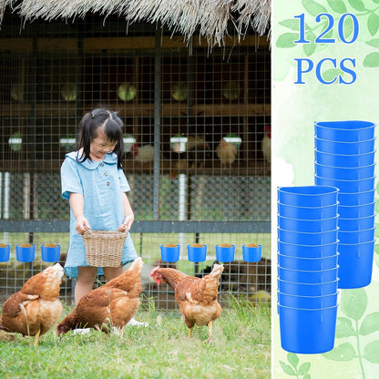120 Pcs Cage Cups Chicken Birds Feeder Cups Plastic Hanging Chicken Feeders and Waterers 8 oz Feeding Bowl for Gamefowl Supplies Pet Pigeon Poultry Parrot Parakeet Rooster Rabbit(Blue)