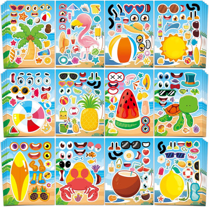 Aowplc 48 Sheets Summer Fun Make-a-Face Sticker Set for Kids – Create Your Own Faces with Beach, Tropical & Animal Stickers – Ideal Summer Crafts, Party Favors & Creative Activities