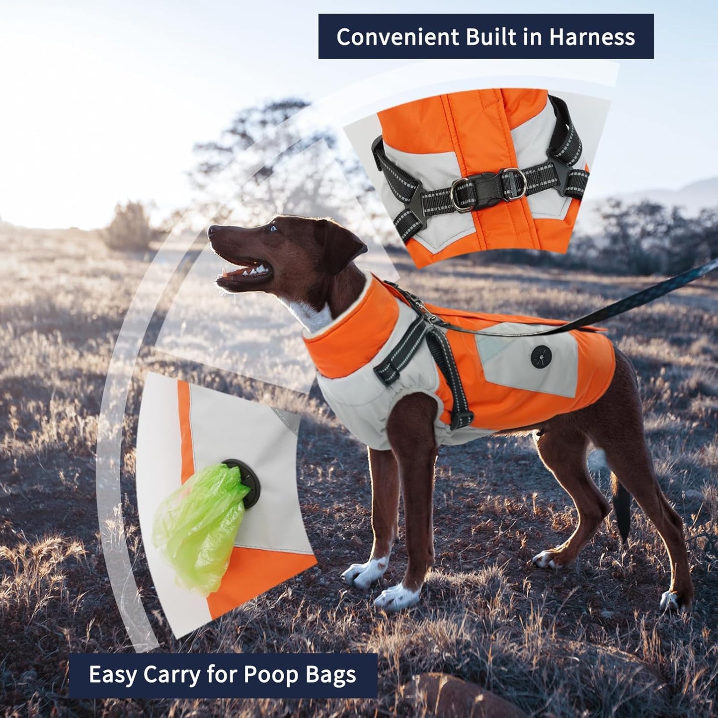 IECOii Dog Jacket Winter Harness Built in -Orange,XXXLarge- Zip Up Dog Coat Winter Clothes for Large Dogs Waterproof, Dogs Snowsuit Snow Jacket D-Rring Labrador German Shepherd Doberman Rottweiler