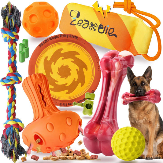 Zeaxuie 12 Pack Heavy Duty Various Dog Chew Toys Pack for Aggressive Chewers - Includes Large Rope Toy, Squeaky Toys & Indestructible Chew Bone for Medium, Large & X-Large Dogs (for Super Chewers)