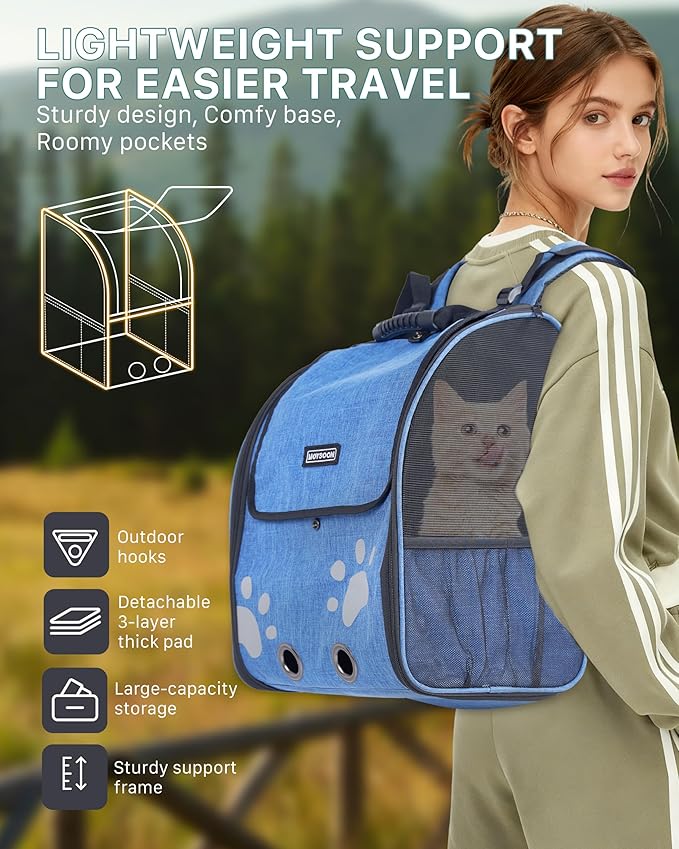 Cat Backpack Carrier with Comfort Handle, Ventilated Cat Backpack with Reflective Strips, Foldable Cat Carrying Backpack for Cats up to 17 lbs and Small Dogs up to 13 lbs (Blue)
