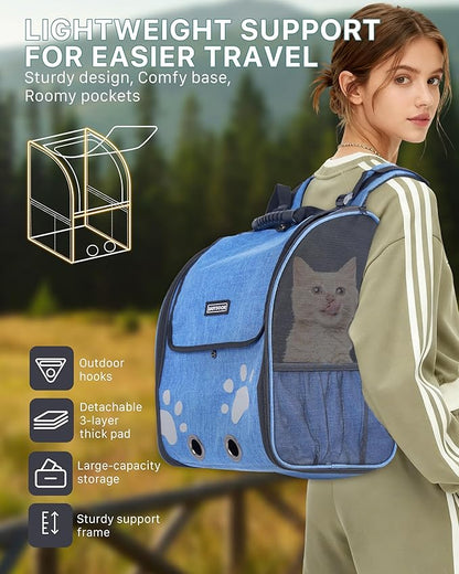 Cat Backpack Carrier with Comfort Handle, Ventilated Cat Backpack with Reflective Strips, Foldable Cat Carrying Backpack for Cats up to 17 lbs and Small Dogs up to 13 lbs (Blue)