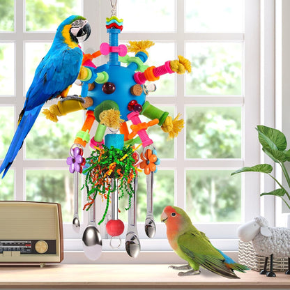 Parrot Toys Bird Toys Perch Pullable Stainless Steel Spoons Colorful Acrylic Stick Chew Toys for Amazons Mini Macaws African Greys Cockatoos Conures, Cockatiels, Lovebirds, Parrotlets and Other (blue)