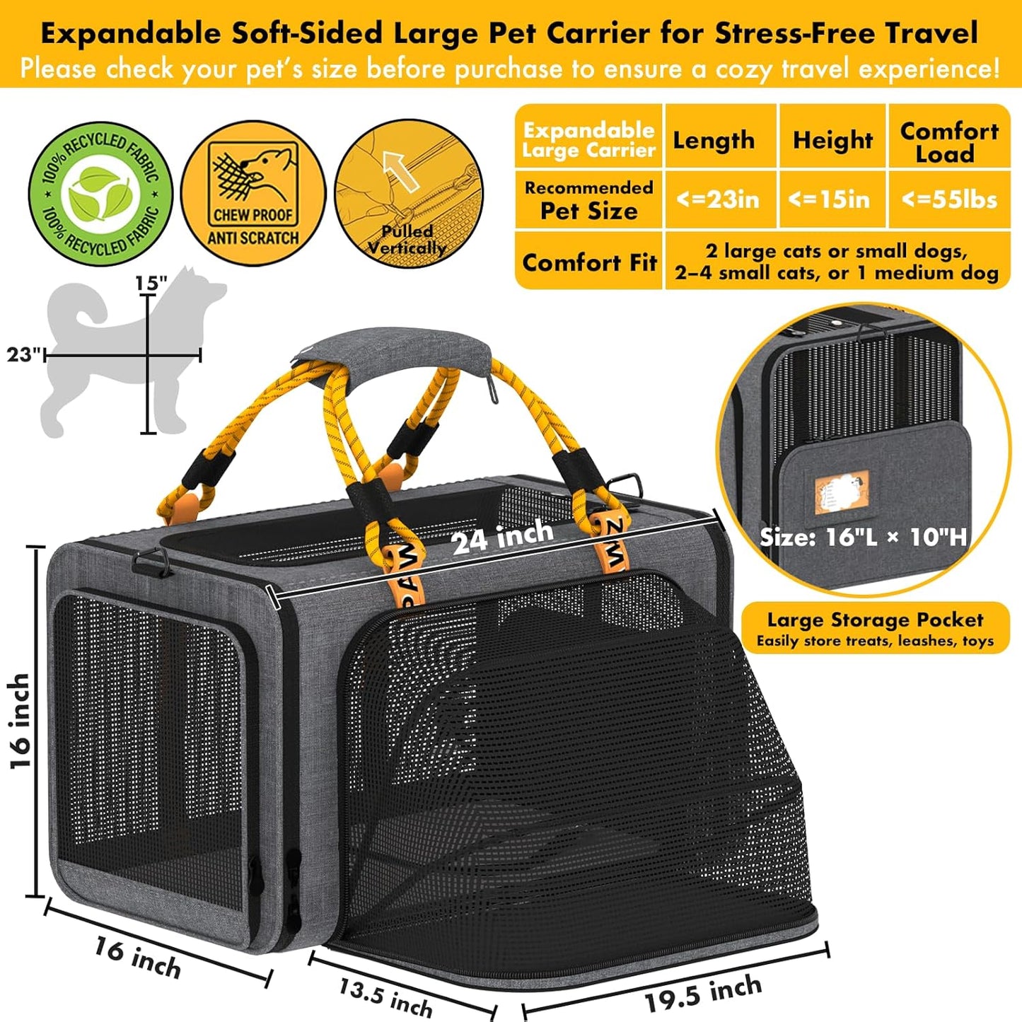 PAWZIDEA Large Pet Carrier Expandable, 24"×16"×16" Soft-Sided Cat Carrier for 2–4 Cats up 55lb, Portable & Collapsible Small Medium Dog Travel Crate for Car, XL Storage Pocket, ID Card, Shoulder Strap