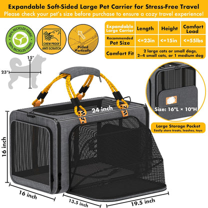 PAWZIDEA Large Pet Carrier Expandable, 24"×16"×16" Soft-Sided Cat Carrier for 2–4 Cats up 55lb, Portable & Collapsible Small Medium Dog Travel Crate for Car, XL Storage Pocket, ID Card, Shoulder Strap