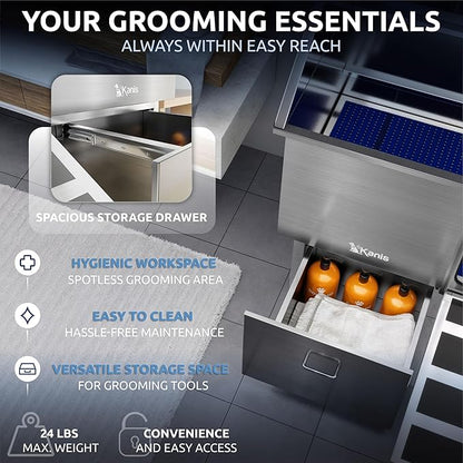 KANIS Professional Dog Washing Station - 304 Stainless Steel Pet Wash Sink & Grooming Bathtub w/Shower, Floor Grates and Storage for Large, Medium & Small Pets (40", 1 Drawer - Right Ramp)