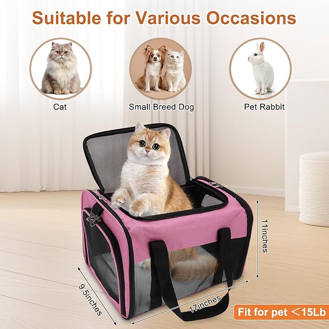 Pet Carrier, Breathable Mesh Design, Soft Cat Carrier with Shoulder Strap, Comfortable Travel Solution, Pink